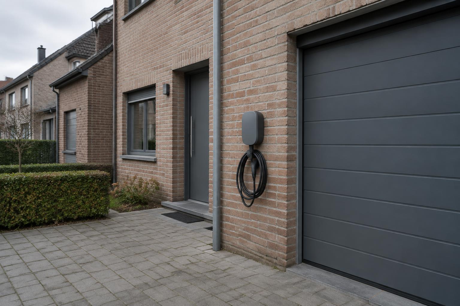 Laadpaal aan de gevel van een woning naast de oprit